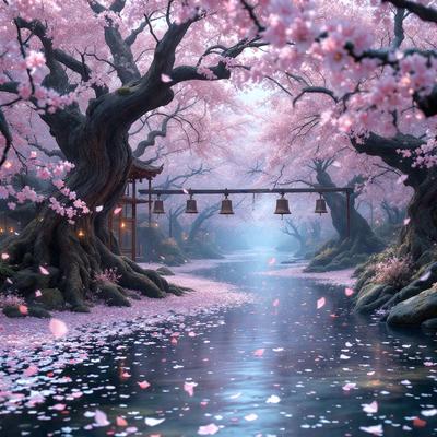 The primary subject of the image is a beautiful, pink-colored waterway surrounded by trees. The waterway is lined with pink flowers, creating a serene and picturesque scene. The setting is a forest, with the waterway flowing through it. The visual style of the image is a digital art, which adds to the overall atmosphere of the scene. The dominant colors in the image are pink and white, giving it a calm and peaceful mood.